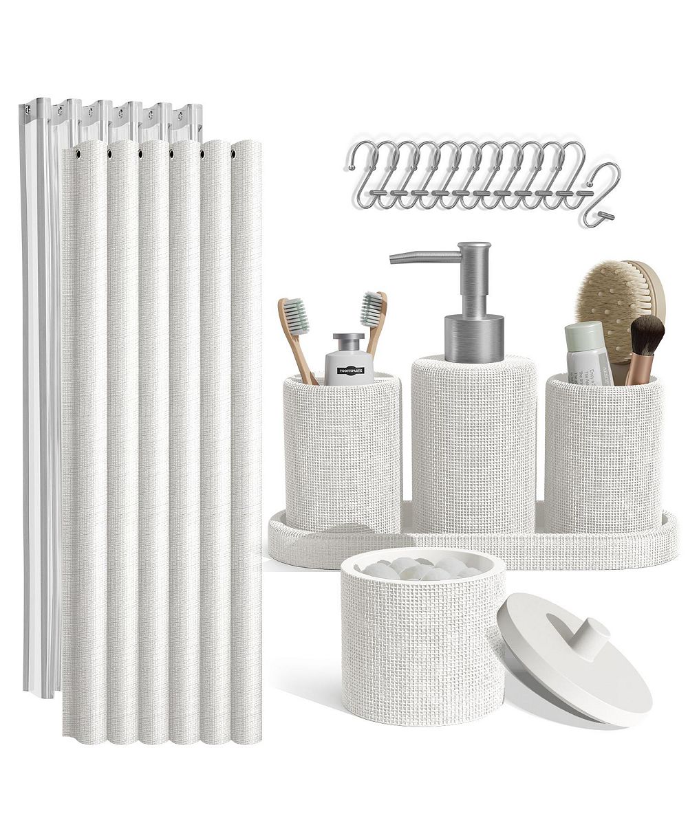 Clara Clark Complete Burlap Texture Polyresin Bathroom Decor and Accessory Set with Shower Curtain