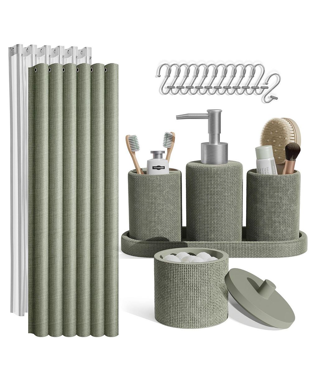 Complete Burlap Texture Polyresin Bathroom Decor and Accessory Set with Shower Curtain