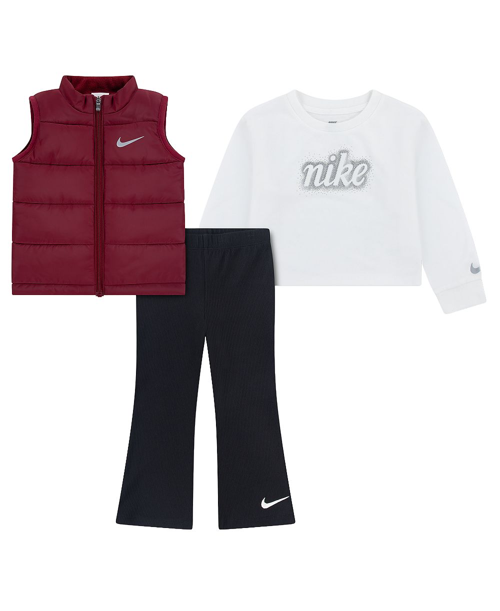 Nike комплект из трех предметов для девочек-малышек 2T-4T: жилет с блеском, футболка и леггинсы со шевроном