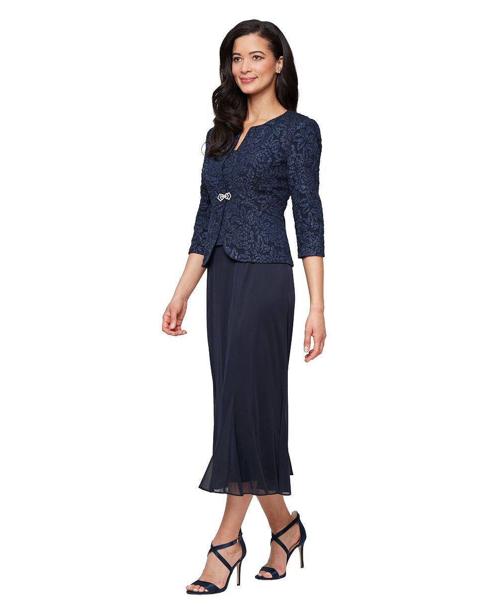 Alex Evenings Petite Textured Jacquard Tea-Length Midi Jacket Dress