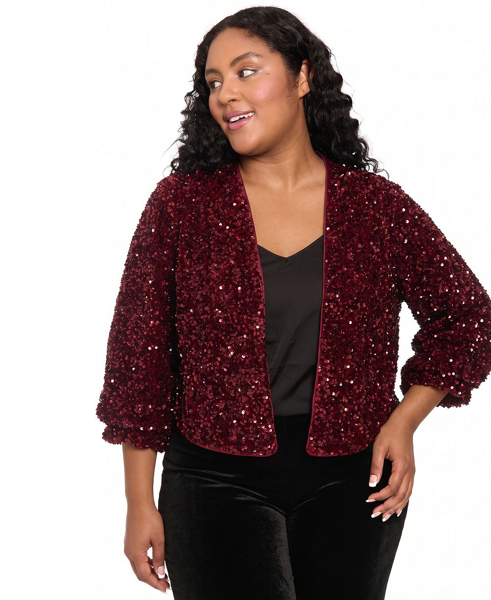 Muse Plus Size Sequin V-Neck 3/4-Sleeve Bomber Jacket