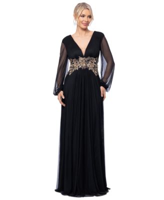 Betsy & Adam Plus Size Floral-Applique Long-Sleeve V-Neck Gown