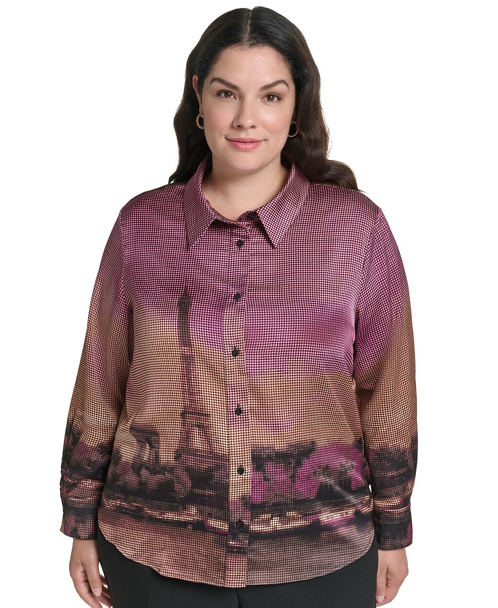 KARL LAGERFELD PARIS Plus Size Button-Down Collared Long-Sleeve Blouse, Created for Macy's
