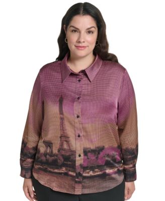 KARL LAGERFELD PARIS Plus Size Button-Down Collared Long-Sleeve Blouse, Created for Macy's