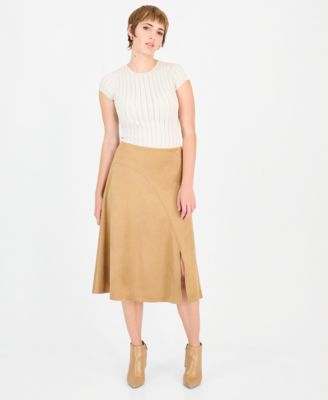 GUESS Women's Jennie A-Line High-Waisted Front Slit Suede Midi Skirt
