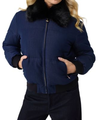GUESS Women's Ivana Puffer-Bomber Faux-Fur Collar Synched-Waist Denim Jacket