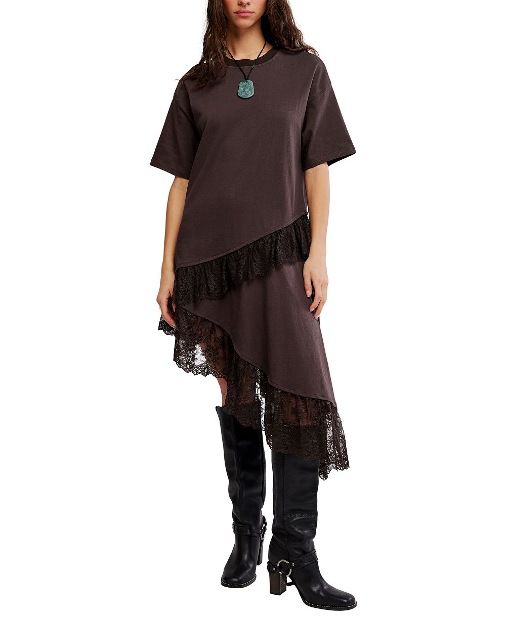 Free People Women's Lace Layered Asymmetrical-Hem T-Shirt