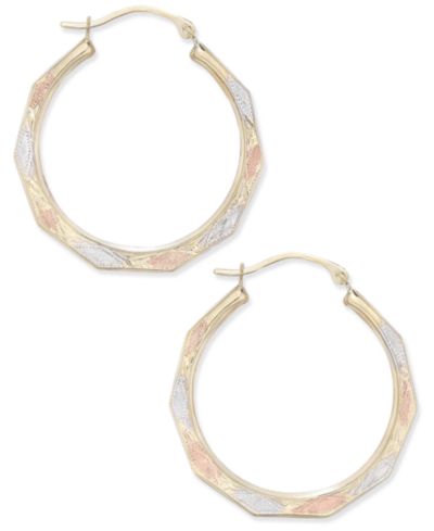 Tri-Color Decorative Hoop Earrings in 10k White, Yellow, and Rose Gold