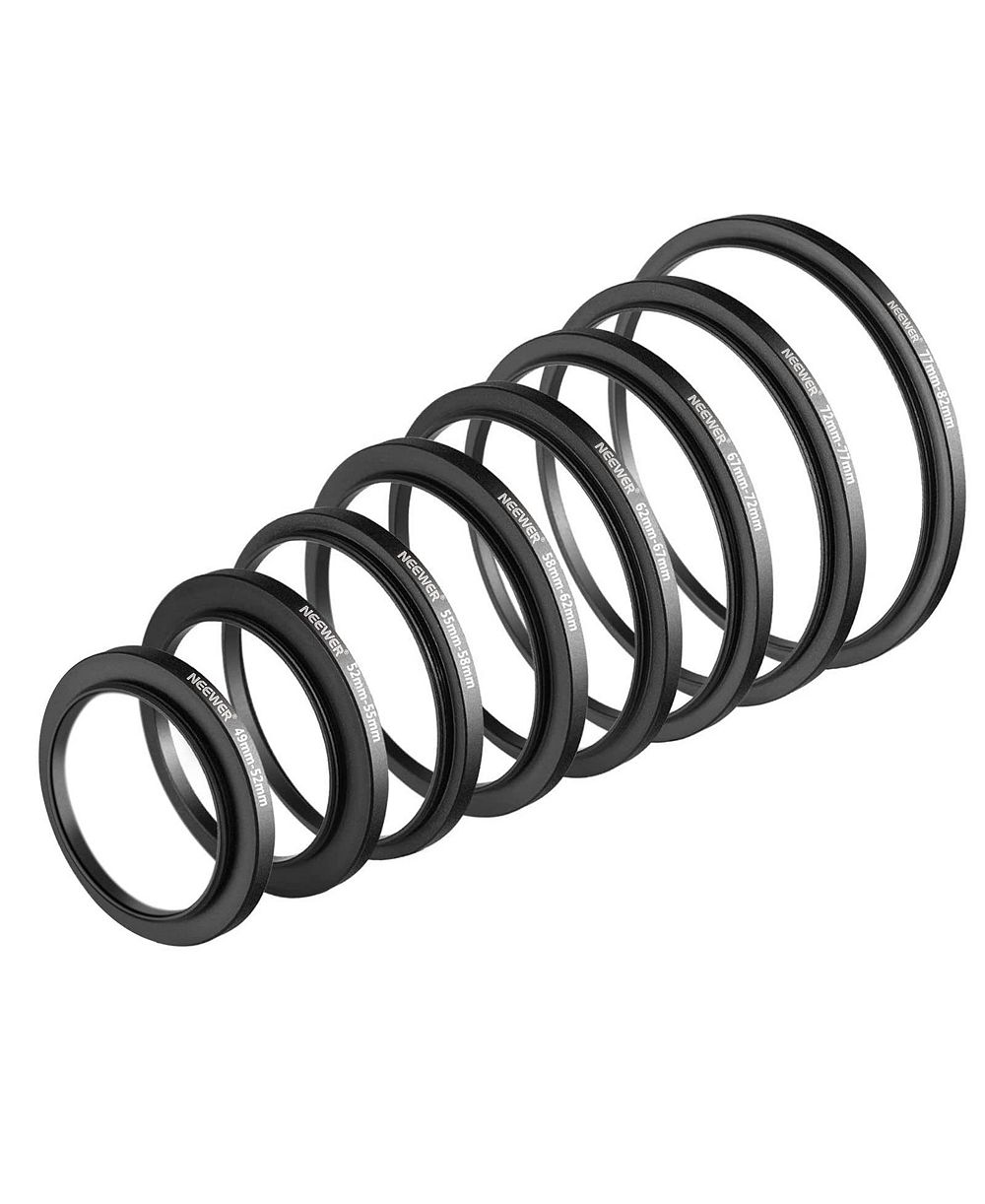 Neewer 8-Piece Step-Up Ring Set, 49-52mm to 77-82mm, for Camera Lens Filter Compatibility