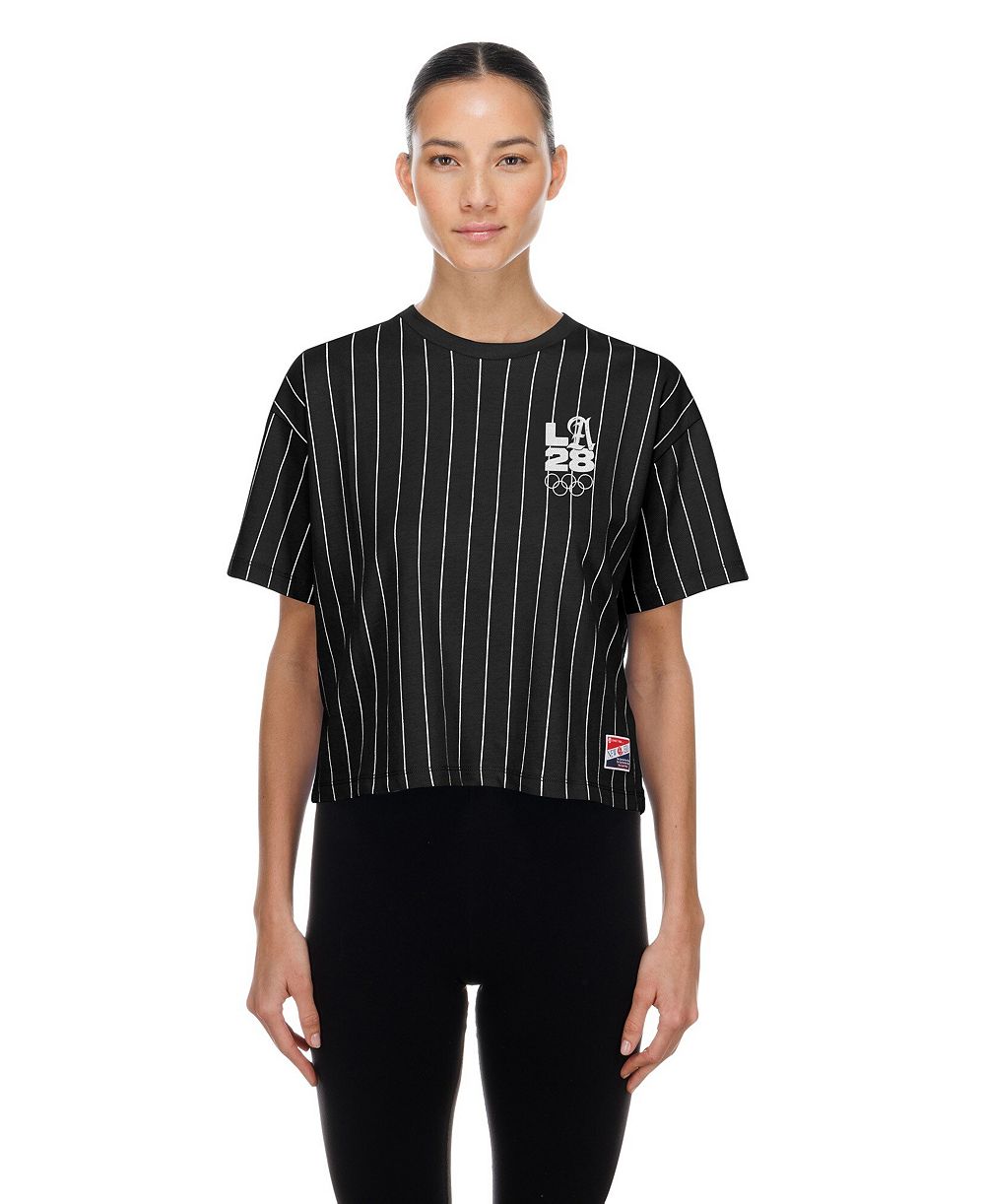 New Era Women's Black LA 2028 Summer Mesh Back Pinstripe Boxy T-Shirt
