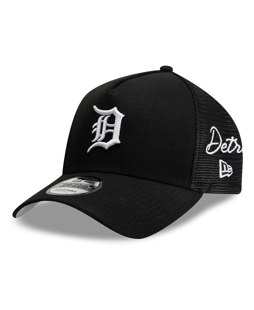 New Era Men's Black Detroit Tigers Side Script 9FORTY A-Frame Trucker Adjustable Hat