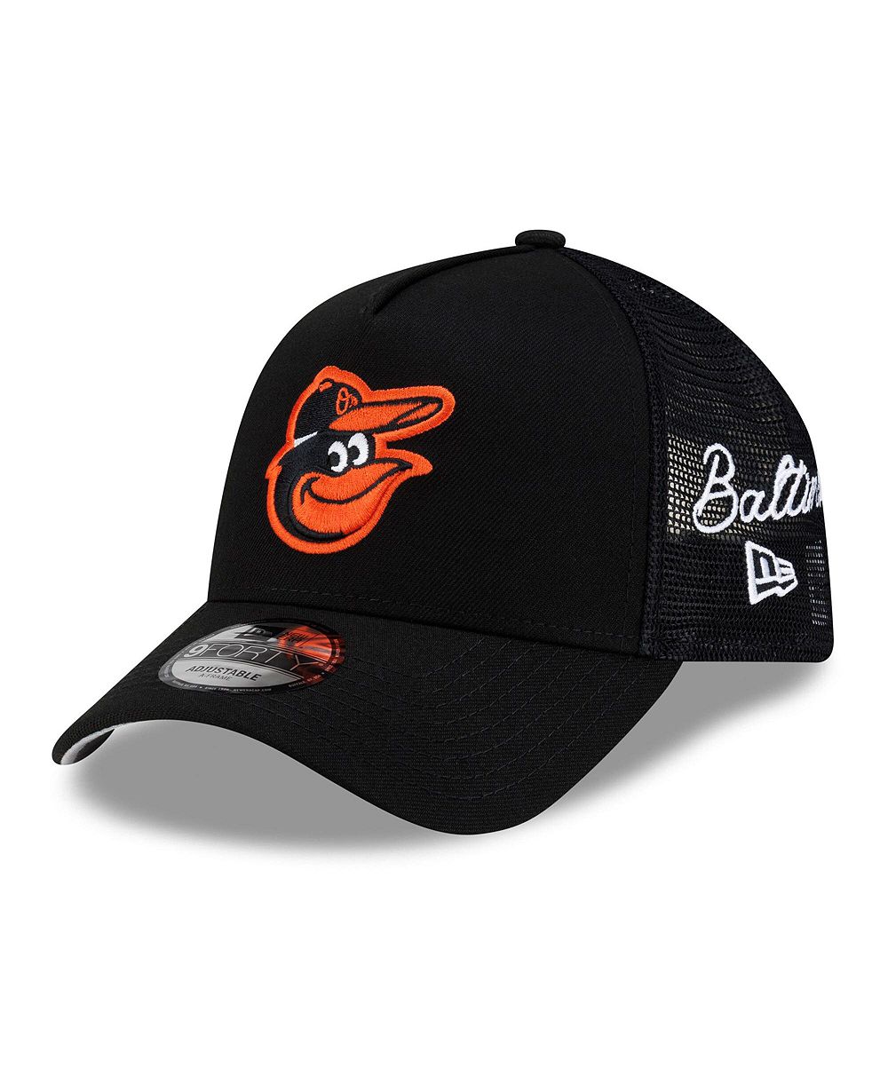 Мужская кепка New Era Black Baltimore Orioles Side Script 9FORTY A-Frame Trucker Adjustable
