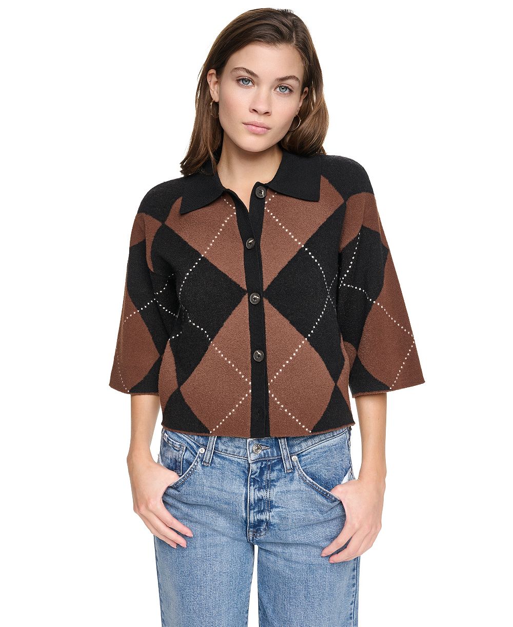 DKNY Jeans Petite Argyle Collared Cardigan