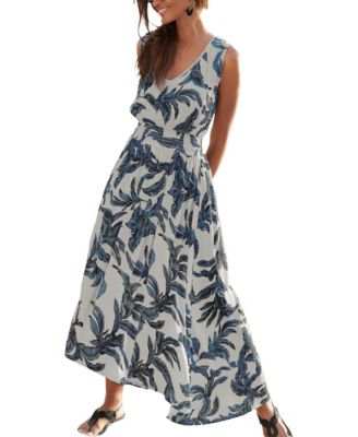 LASCANA Women's Viscose Printed Crochet V-Neck Smocked-Waist Maxi Dress