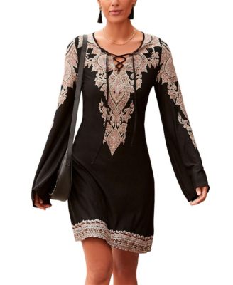 LASCANA Women's Viscose Boho Print Lace Up Notch-Neck Short Dress