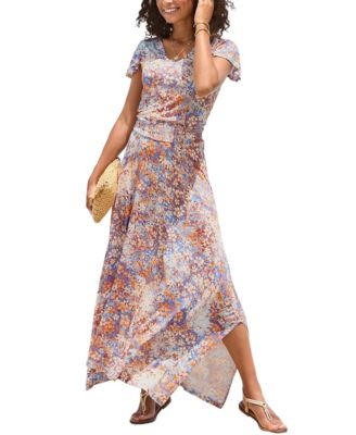 LASCANA Women's Viscose Floral Print A-Line V-Neck Smocked-Waist Maxi Dress