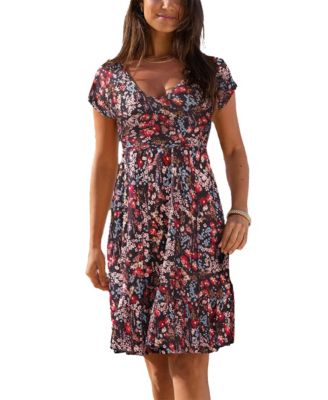 LASCANA Women's Viscose Printed Flounce A-Line V-Neck Elastic-Waist Short Dress