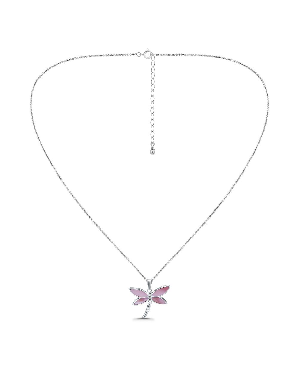 Macy's Pink Shell Inlay Fine Silver-Plated Dragonfly Pendant Necklace