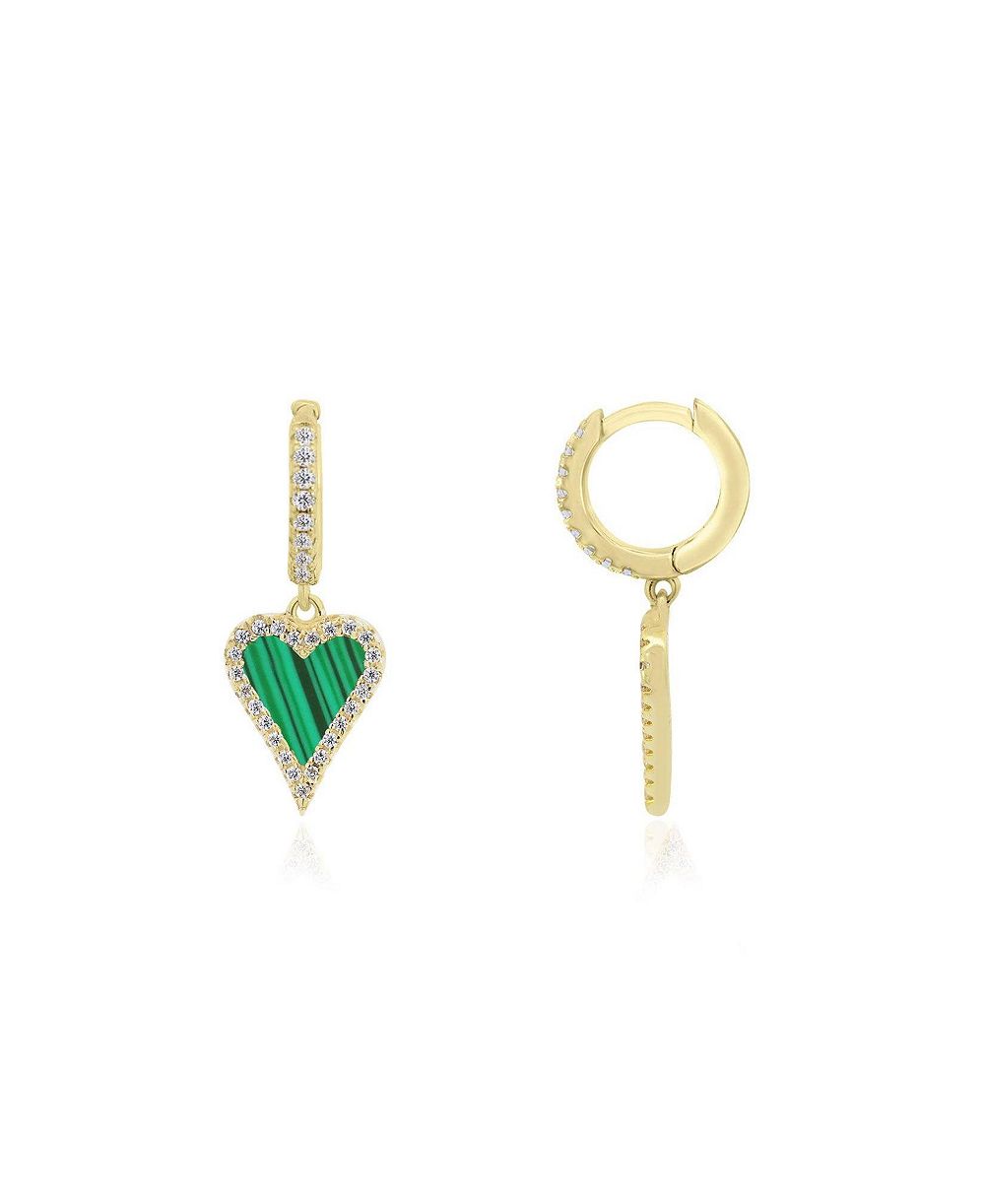 Серьги The Lovery Mini Malachite CZ Halo Heart Dangle 14K Gold-Plated Sterling Silver