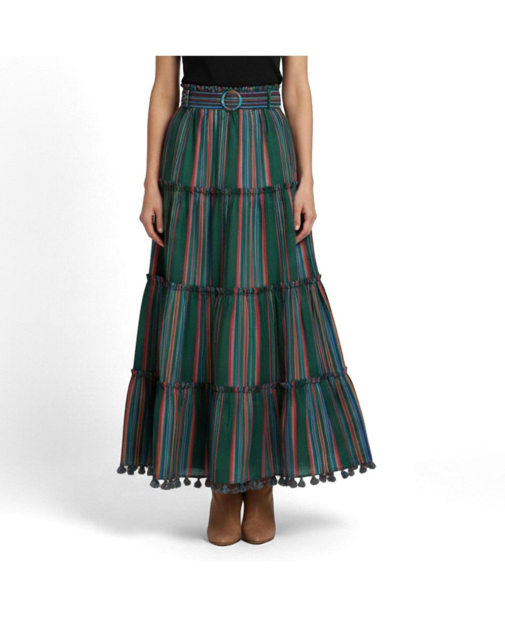 Pre-Owned Zimmermann Women's Stripe Cotton Ruffled Maxi Skirt