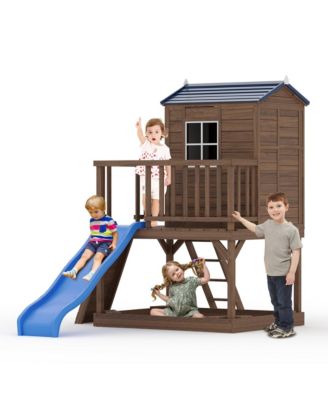 homfan Kids Outdoor Playhouse with Sandbox, 89 Inch 2 Story Wooden Playhouse with Slide and Step Ladder for Backyard