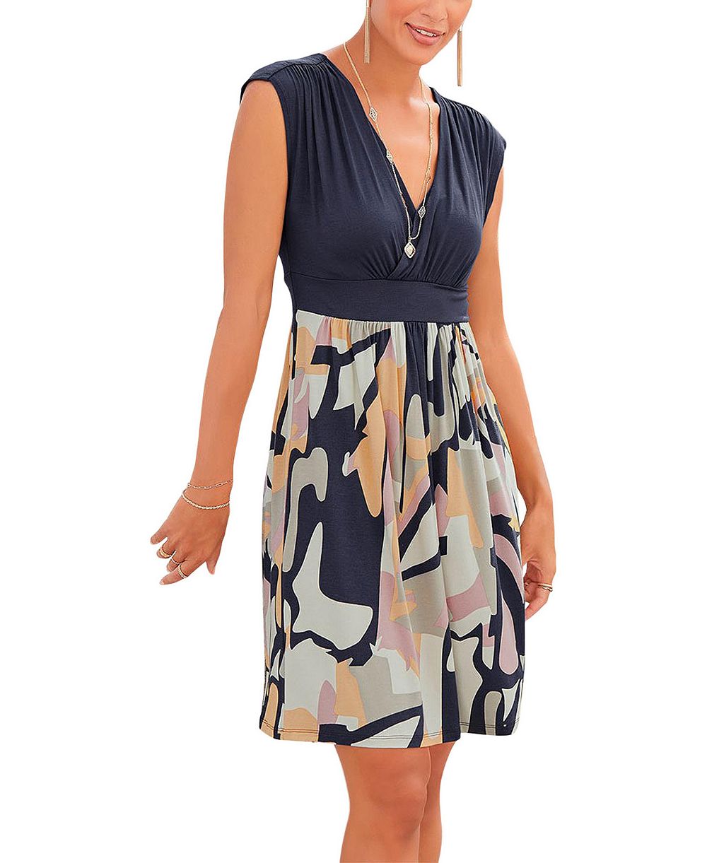 LASCANA Women's Viscose Printed Look Wrap V-Neck Everyday Essential Short Dress