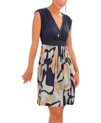 LASCANA Women's Viscose Printed Look Wrap V-Neck Everyday Essential Short Dress