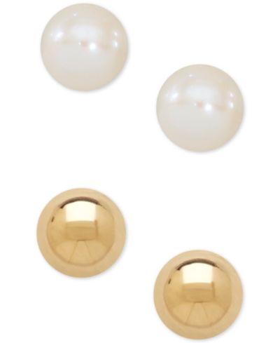 Детский 2-Pc Set Cultured Freshwater Pearl (3-3/4mm) and Gold Ball Earring Set in 14k Gold
