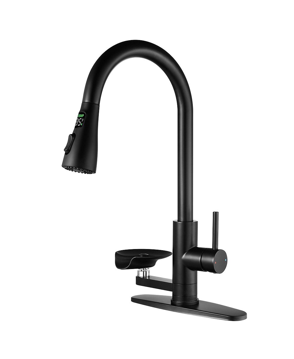 BUSDAYS 3 in 1 Kitchen Faucet with LED Temperature Display Press Type Glass Rinser High Arc Pull Down Sprayer 3 Spray Modes for Modern Kitchen Sink