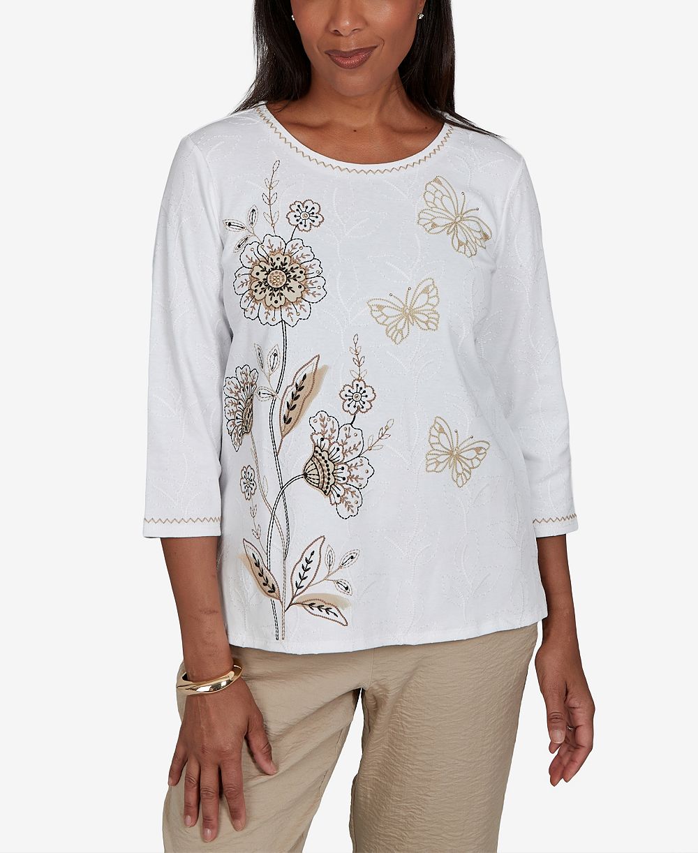 Женский топ Alfred Dunner Travel Advisory Floral Butterfly Line Embroidered
