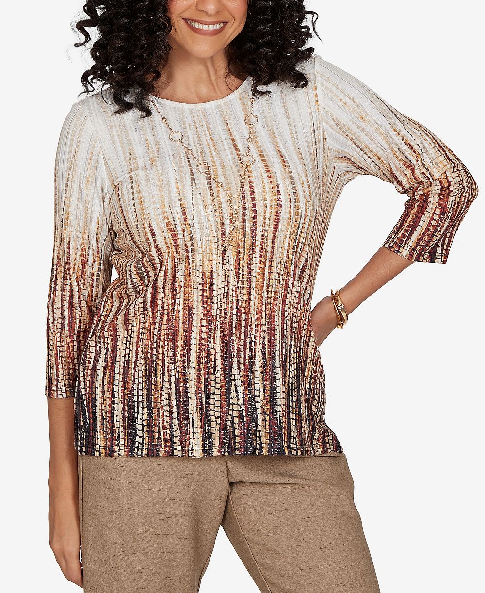 Alfred Dunner Women's Union Square Textured Ombre Squares Top with Necklace