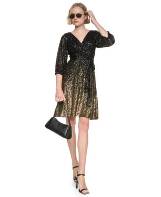 Женское платье DKNY с омбре из пайеток, запахом, рукавом баллон 3/4 и V-образным вырезом