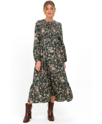 Pinkblush Women's Green Floral Smocked Long Sleeve Midi Dress