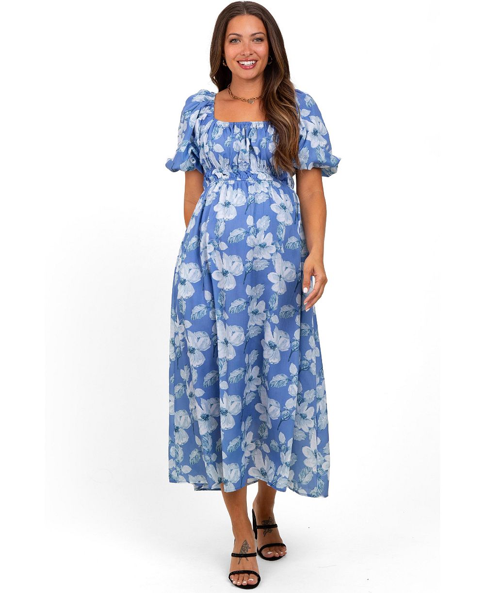 Pinkblush Women's Blue Multi Printed Floral Square Neck Midi Dress