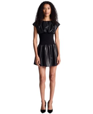 Kenneth Cole Women's Fit & Flare Ribbed-Waist Faux Leather Mini Dress