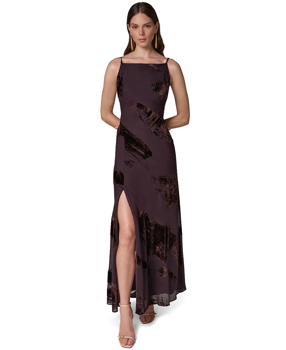 Donna Karan New York Women's Boat Neck Velvet-Burnout Gown with Low V-Back