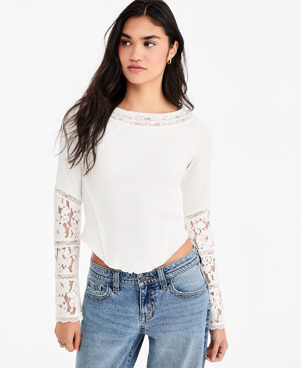 Женская футболка Free People из хлопковой смеси с кружевной манжетой Amber, лодочным вырезом и сборкой