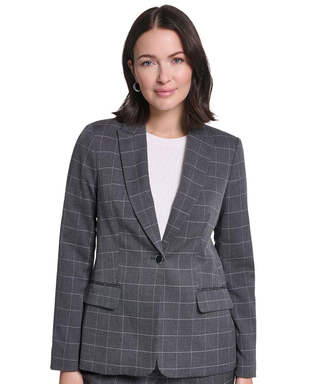 Calvin Klein Women's Plaid Long-Sleeve One-Button Notch Lapel Blazer