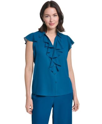 Calvin Klein женская блузка с коротким рукавом, воротником и воланами спереди