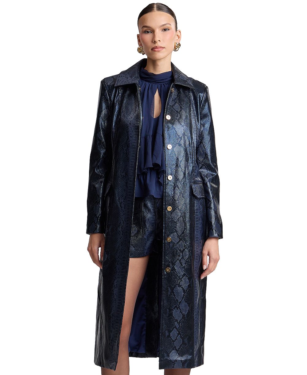Avec Les Filles Women's Center Front Belted Python-Print Faux Leather Trench Coat