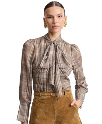 Avec Les Filles Women's Long Puff-Sleeve Scarf Neck Plaid Blouse