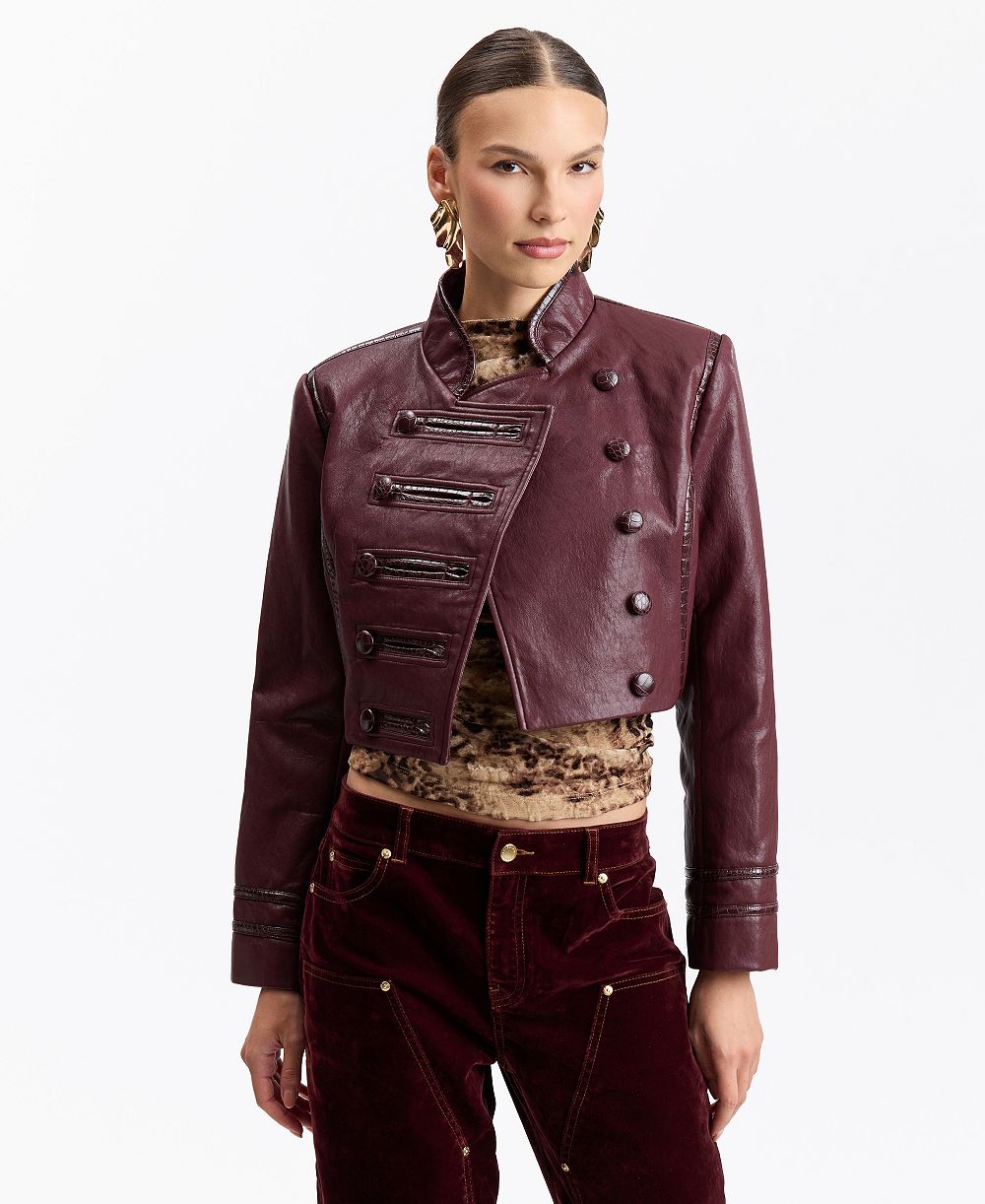Avec Les Filles Women's Double-Breasted Military-Style Cropped Faux Leather Jacket