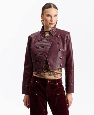 Avec Les Filles Women's Double-Breasted Military-Style Cropped Faux Leather Jacket