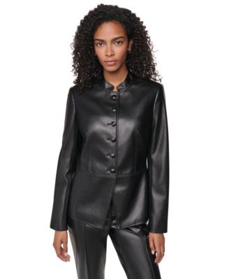 DKNY Women's Shoulder-Padded Long-Sleeve Faux Leather Jacket