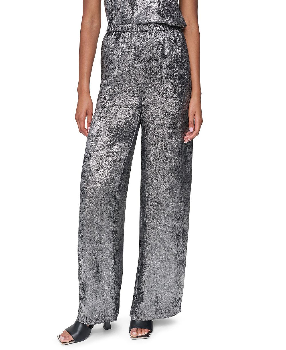 DKNY Women's Empire State Steel Pull Velvet High-Rise Wide-Leg Pants
