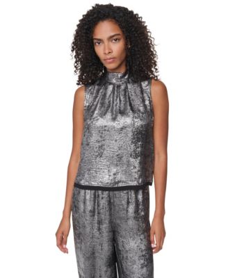 DKNY Women's Empire State Steel Mock Mock Neck Swing Cocktail Blouse