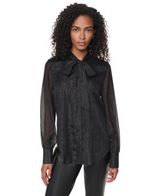 DKNY Women's Long-Sleeve Polka-Dot Tie-Neck Blouse