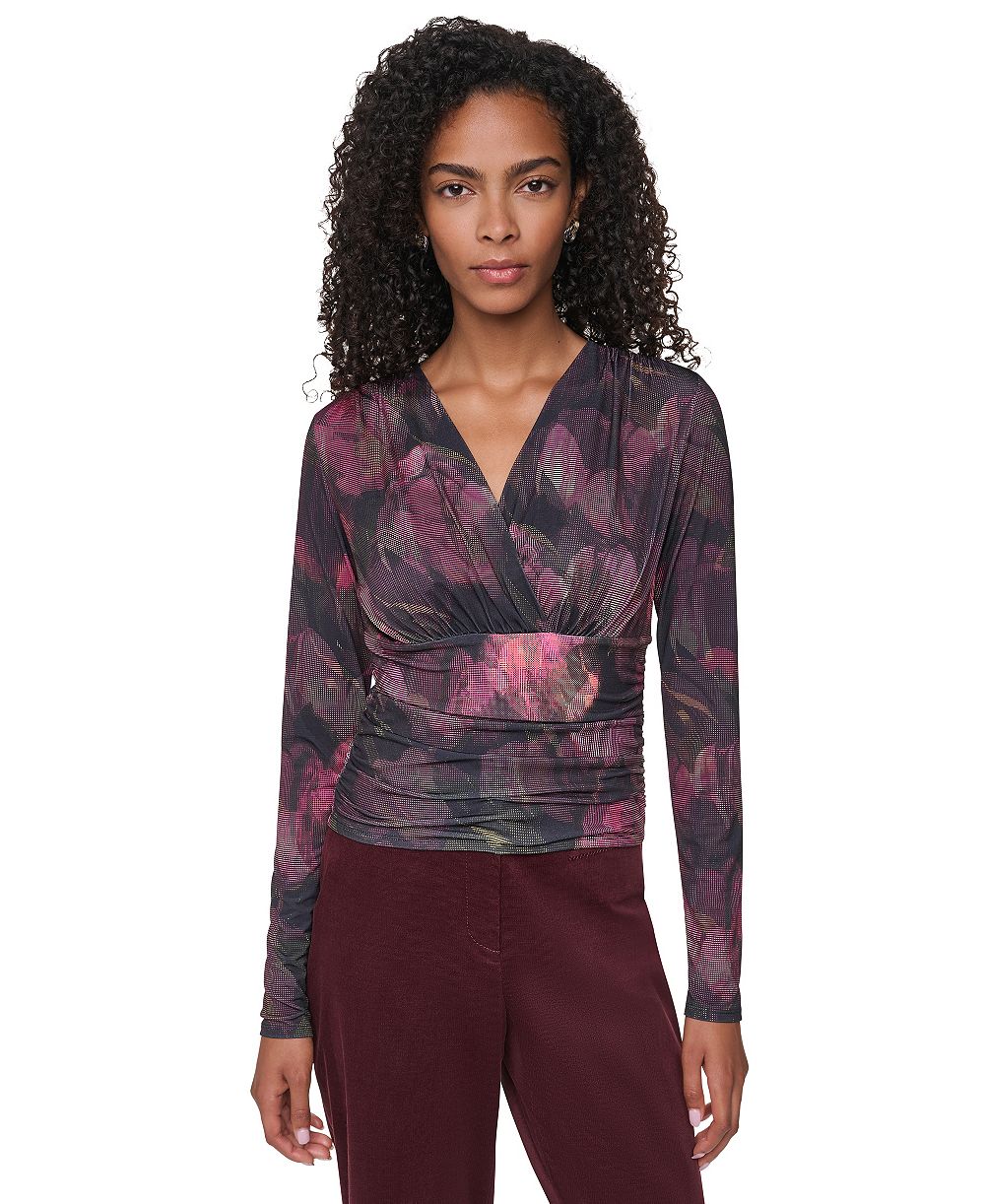 DKNY Women's Floral-Print Ruched Long-Sleeve V-Neck Blouse