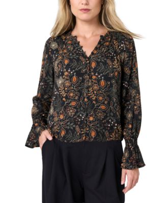 Liverpool Los Angeles Petite Long-Sleeve Smocked-Flare Floral-Print Blouse