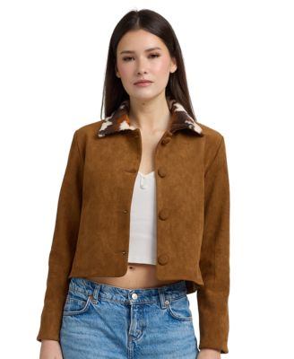 En Saison Women's Yumi Pocket Cropped Faux-Suede Cow-Print Collar Jacket